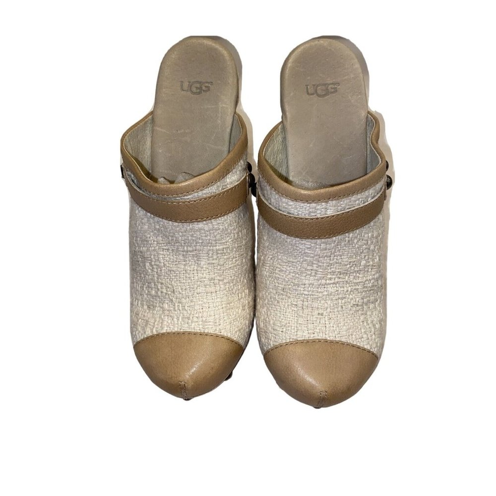 UGG CREAM/TAN JOLENE TEXTILE/LEATHER CLOGS WEDGES MULES SHOES SANDALS Women's 7